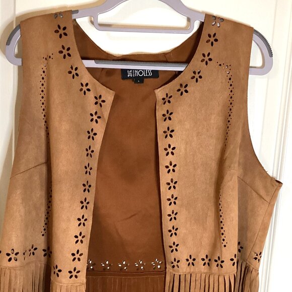 Relish Noless Women's Brown Faux Suede Fringed Open Front Vest Hippy Western - Picture 2 of 7